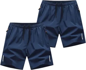 2 Pack Sports Shorts for Men Quick Dry Workout Gym Short Pants Elastic Waist Athletic Running Trousers