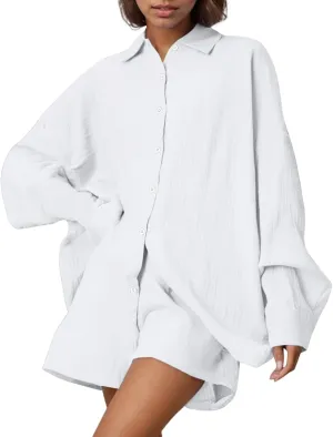 2 Piece Linen Sets For Women Summer Long Sleeve Button Down Shirt Shorts Lounge Matching Set Vacation Beach Outfits