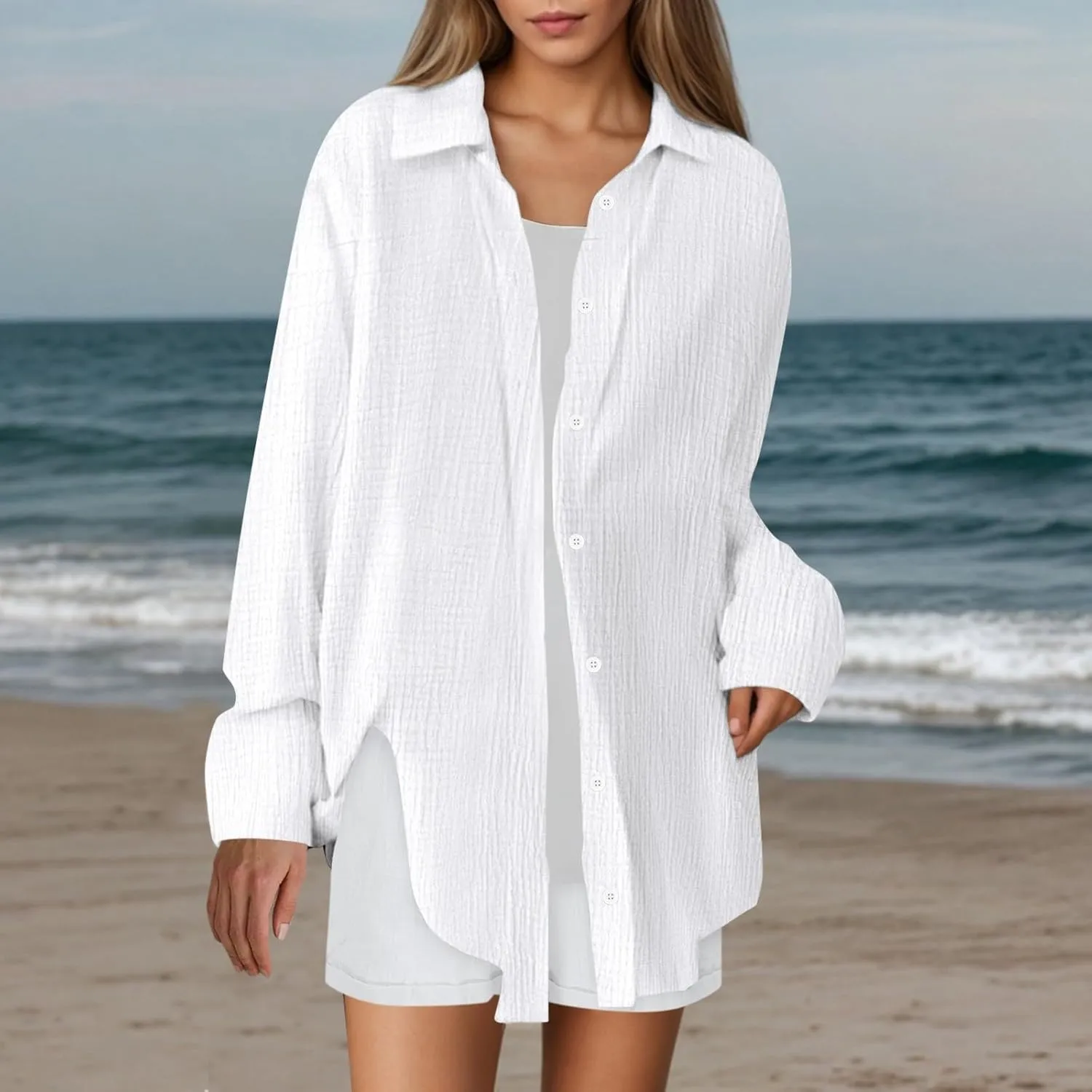 2 Piece Linen Sets For Women Summer Long Sleeve Button Down Shirt Shorts Lounge Matching Set Vacation Beach Outfits