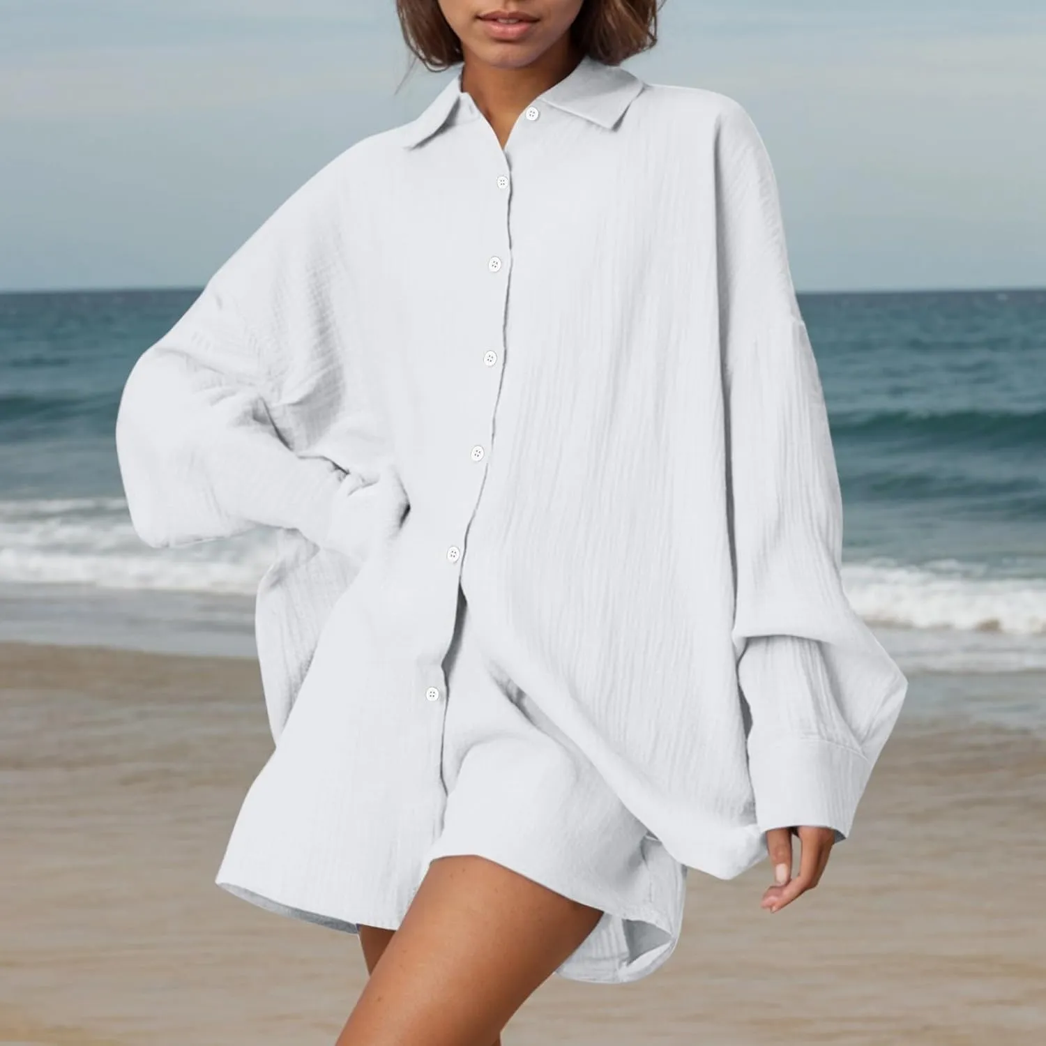 2 Piece Linen Sets For Women Summer Long Sleeve Button Down Shirt Shorts Lounge Matching Set Vacation Beach Outfits