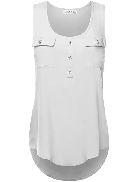 2017 Women's Fashion Button Pocket Sleeveless Shirt Ladies Sexy Irregular Hem Tank Top(S-5XL)