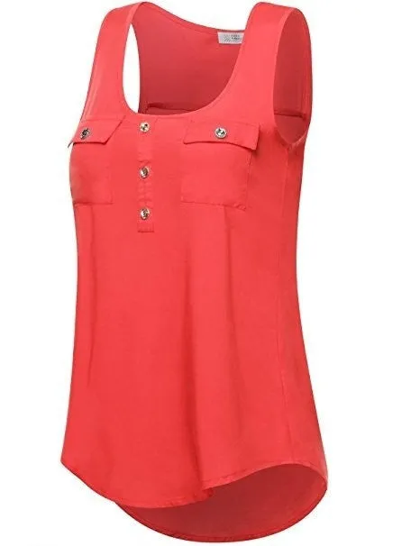 2017 Women's Fashion Button Pocket Sleeveless Shirt Ladies Sexy Irregular Hem Tank Top(S-5XL)