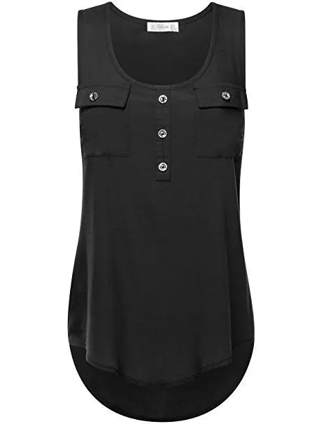 2017 Women's Fashion Button Pocket Sleeveless Shirt Ladies Sexy Irregular Hem Tank Top(S-5XL)