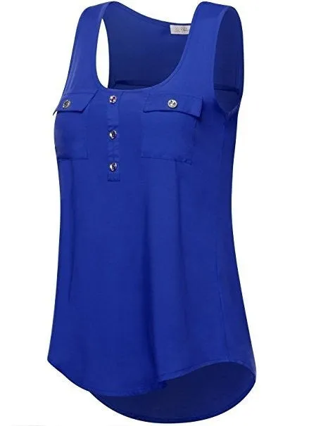 2017 Women's Fashion Button Pocket Sleeveless Shirt Ladies Sexy Irregular Hem Tank Top(S-5XL)