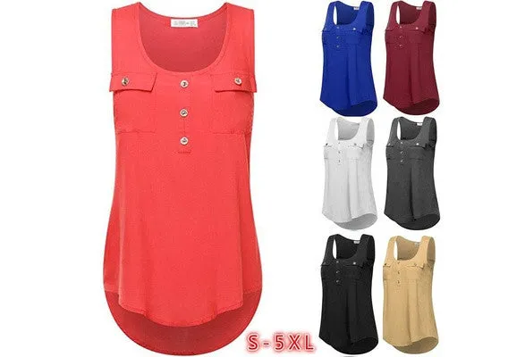 2017 Women's Fashion Button Pocket Sleeveless Shirt Ladies Sexy Irregular Hem Tank Top(S-5XL)