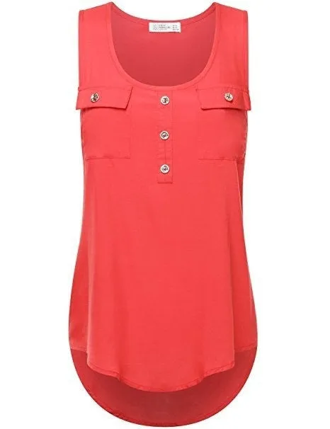 2017 Women's Fashion Button Pocket Sleeveless Shirt Ladies Sexy Irregular Hem Tank Top(S-5XL)