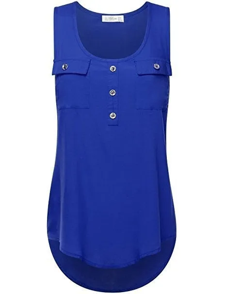 2017 Women's Fashion Button Pocket Sleeveless Shirt Ladies Sexy Irregular Hem Tank Top(S-5XL)