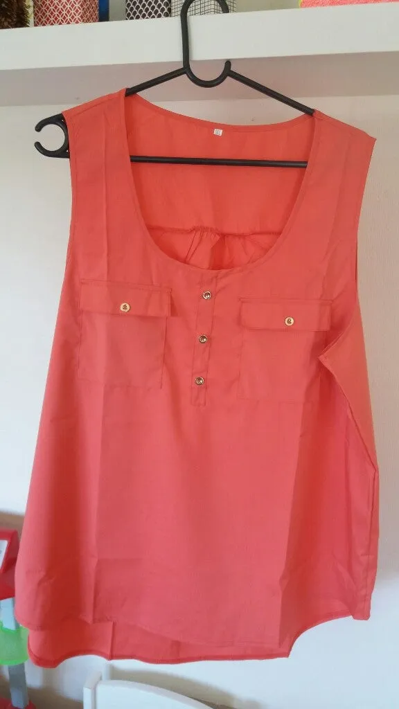 2017 Women's Fashion Button Pocket Sleeveless Shirt Ladies Sexy Irregular Hem Tank Top(S-5XL)