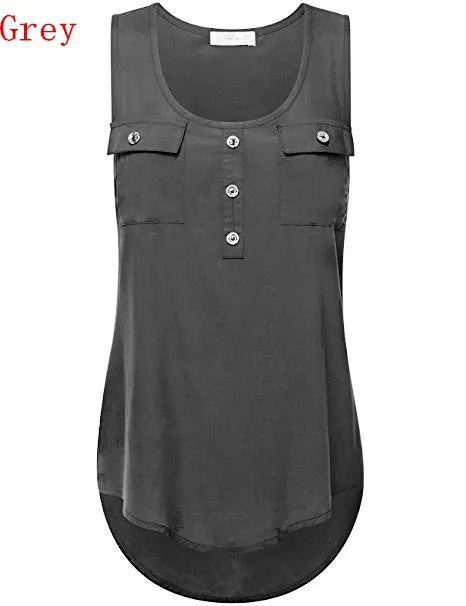 2017 Women's Fashion Button Pocket Sleeveless Shirt Ladies Sexy Irregular Hem Tank Top(S-5XL)