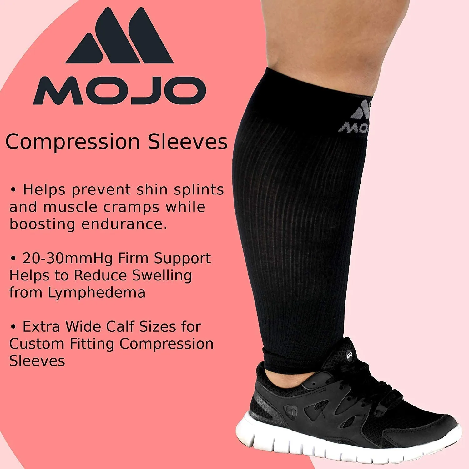 2XL Mojo Compression Sleeves for Extra Wide Calves - Women and Men - 20-30mHg Black XXL XX-Large