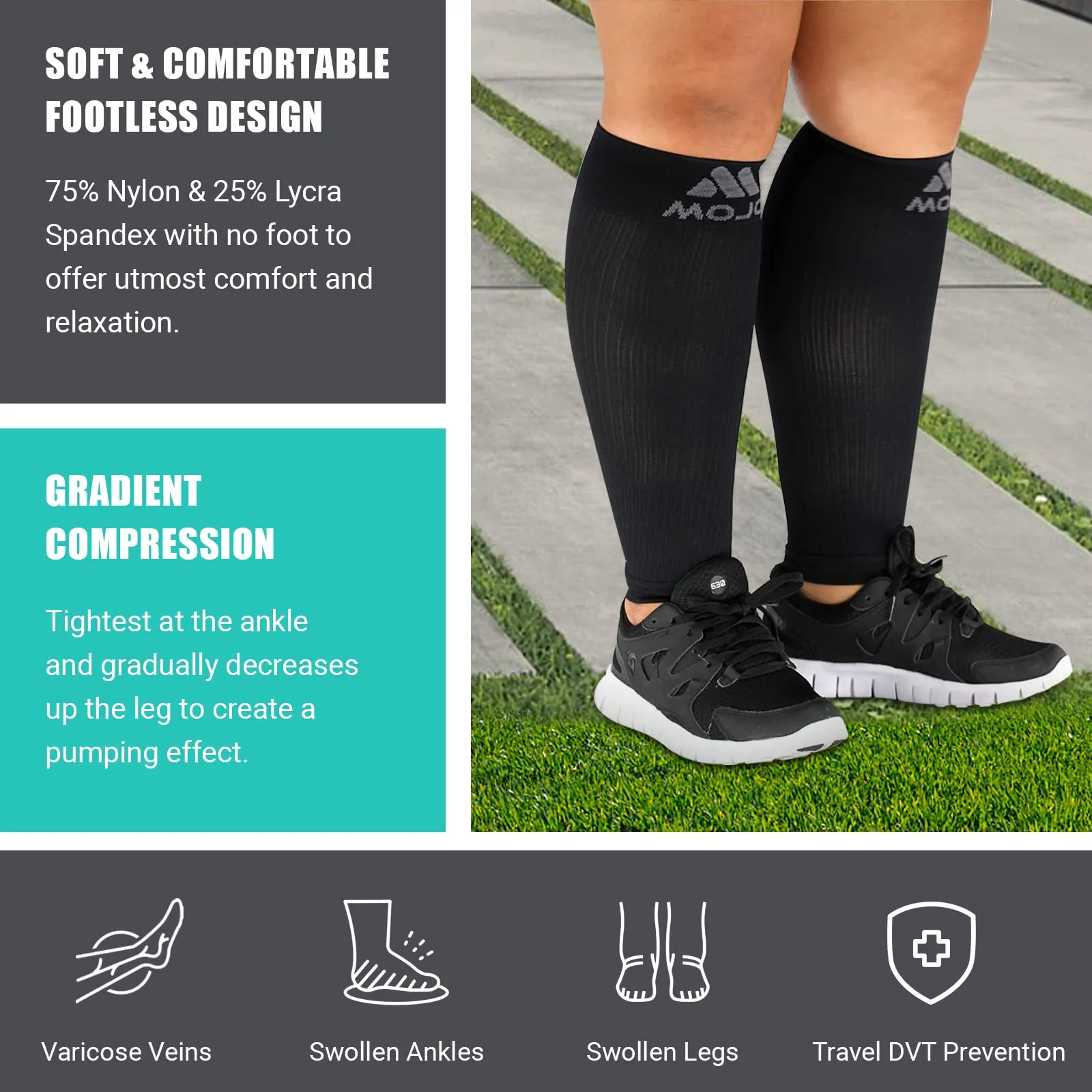 2XL Mojo Compression Sleeves for Extra Wide Calves - Women and Men - 20-30mHg Black XXL XX-Large
