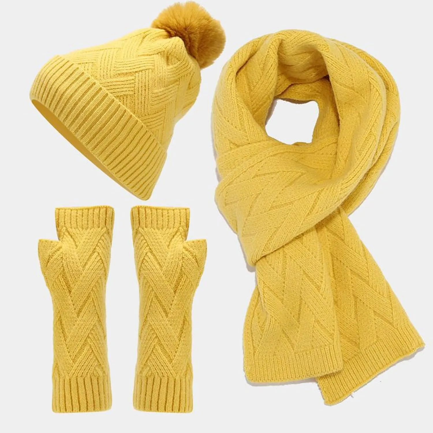 3 in 1 Set Women Men Beanie Scarf Gloves Set Fleece Lined Pom Pom Beanie Warm Knit Long Scarf Gloves for Cold Weather