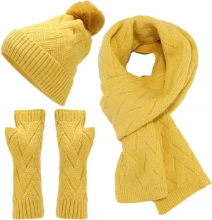 3 in 1 Set Women Men Beanie Scarf Gloves Set Fleece Lined Pom Pom Beanie Warm Knit Long Scarf Gloves for Cold Weather