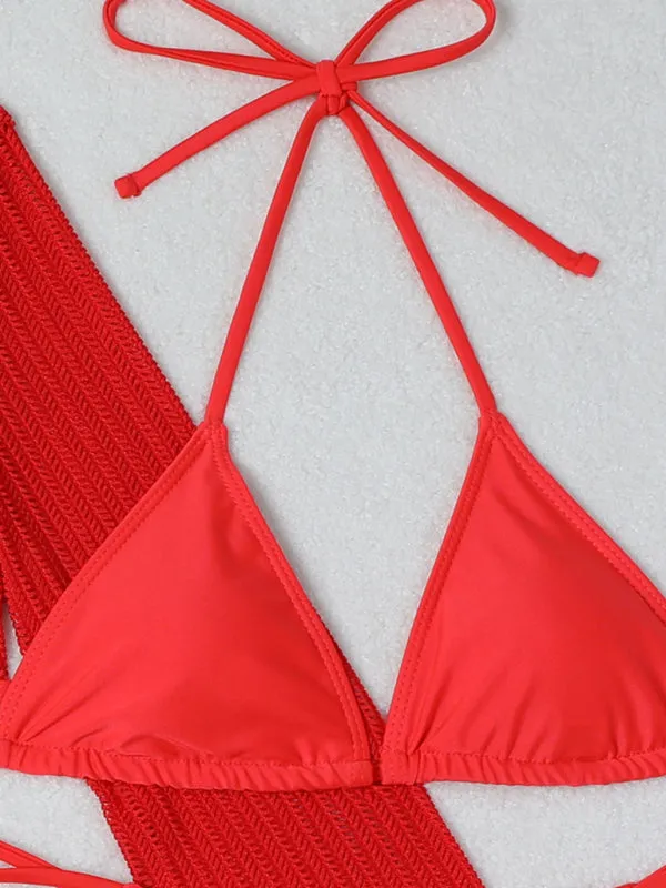 3-Piece String Swimsuit Set featuring Bikini, Triangle Bra & Beachy Mesh Cover-Up