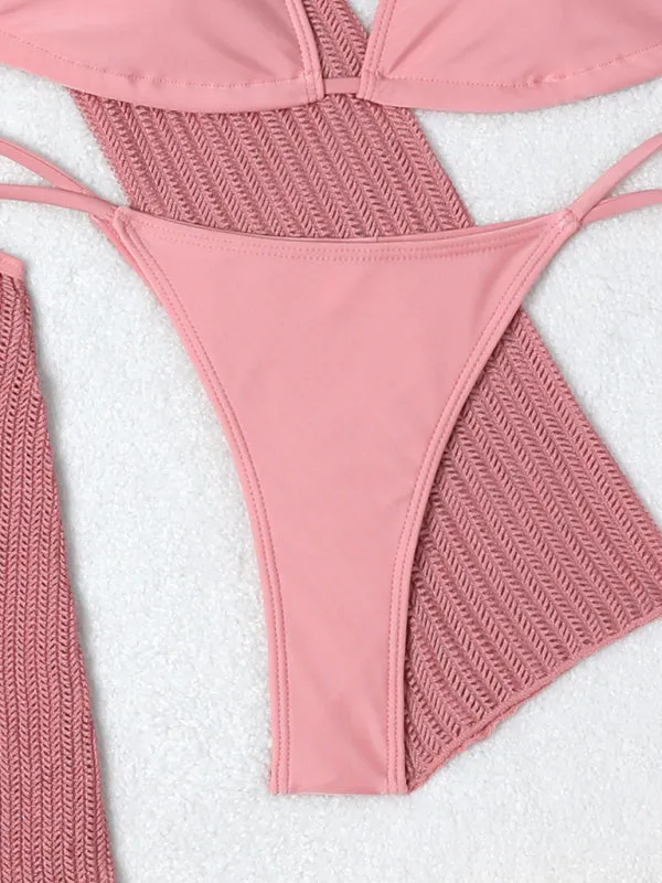 3-Piece String Swimsuit Set featuring Bikini, Triangle Bra & Beachy Mesh Cover-Up