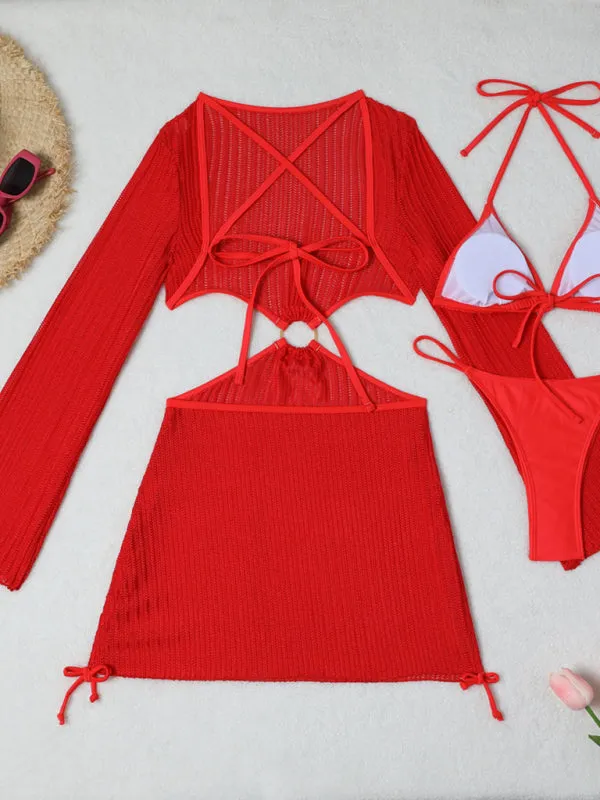 3-Piece String Swimsuit Set featuring Bikini, Triangle Bra & Beachy Mesh Cover-Up