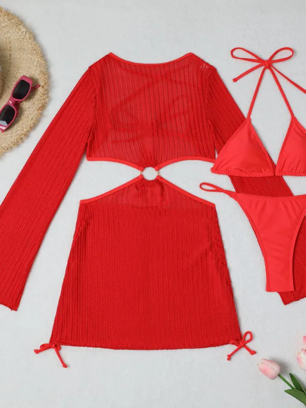 3-Piece String Swimsuit Set featuring Bikini, Triangle Bra & Beachy Mesh Cover-Up