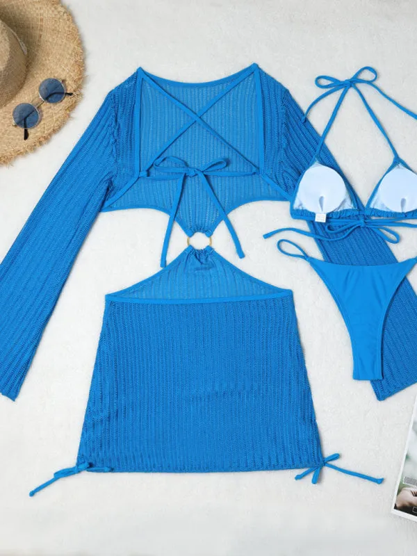 3-Piece String Swimsuit Set featuring Bikini, Triangle Bra & Beachy Mesh Cover-Up