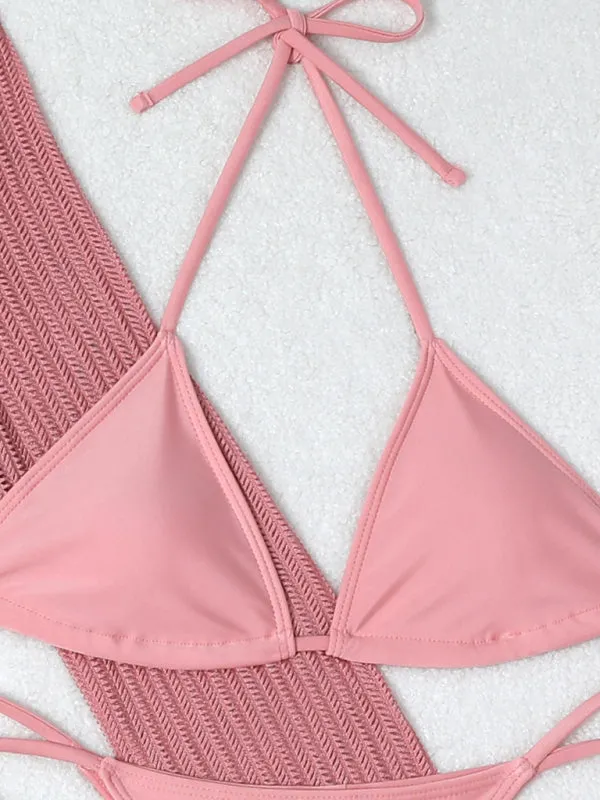 3-Piece String Swimsuit Set featuring Bikini, Triangle Bra & Beachy Mesh Cover-Up