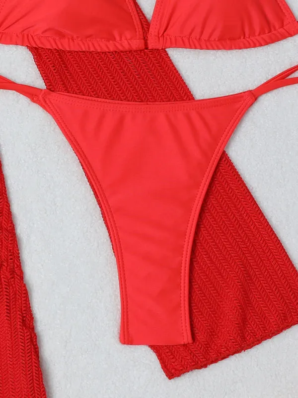 3-Piece String Swimsuit Set featuring Bikini, Triangle Bra & Beachy Mesh Cover-Up