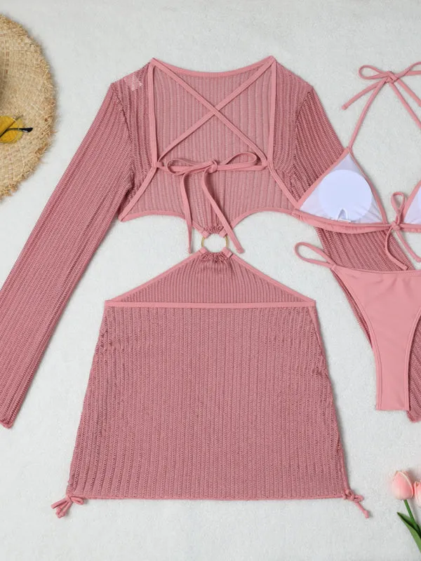 3-Piece String Swimsuit Set featuring Bikini, Triangle Bra & Beachy Mesh Cover-Up