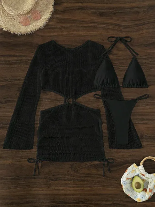 3-Piece String Swimsuit Set featuring Bikini, Triangle Bra & Beachy Mesh Cover-Up
