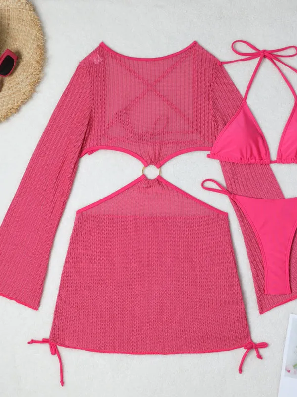3-Piece String Swimsuit Set featuring Bikini, Triangle Bra & Beachy Mesh Cover-Up