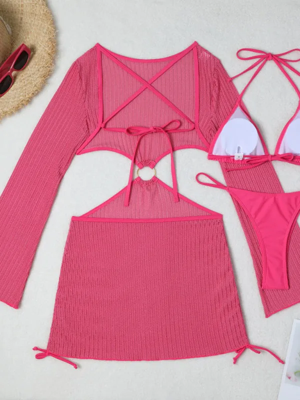 3-Piece String Swimsuit Set featuring Bikini, Triangle Bra & Beachy Mesh Cover-Up