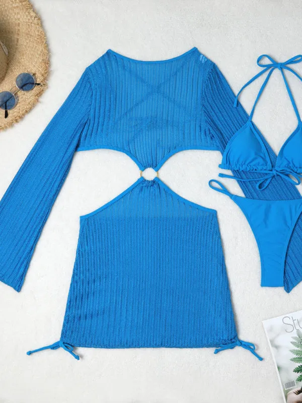 3-Piece String Swimsuit Set featuring Bikini, Triangle Bra & Beachy Mesh Cover-Up