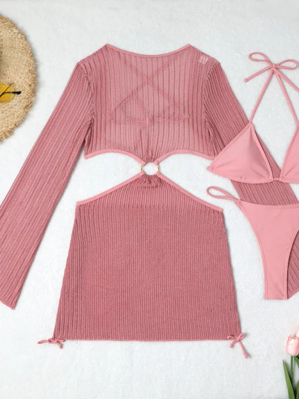 3-Piece String Swimsuit Set featuring Bikini, Triangle Bra & Beachy Mesh Cover-Up