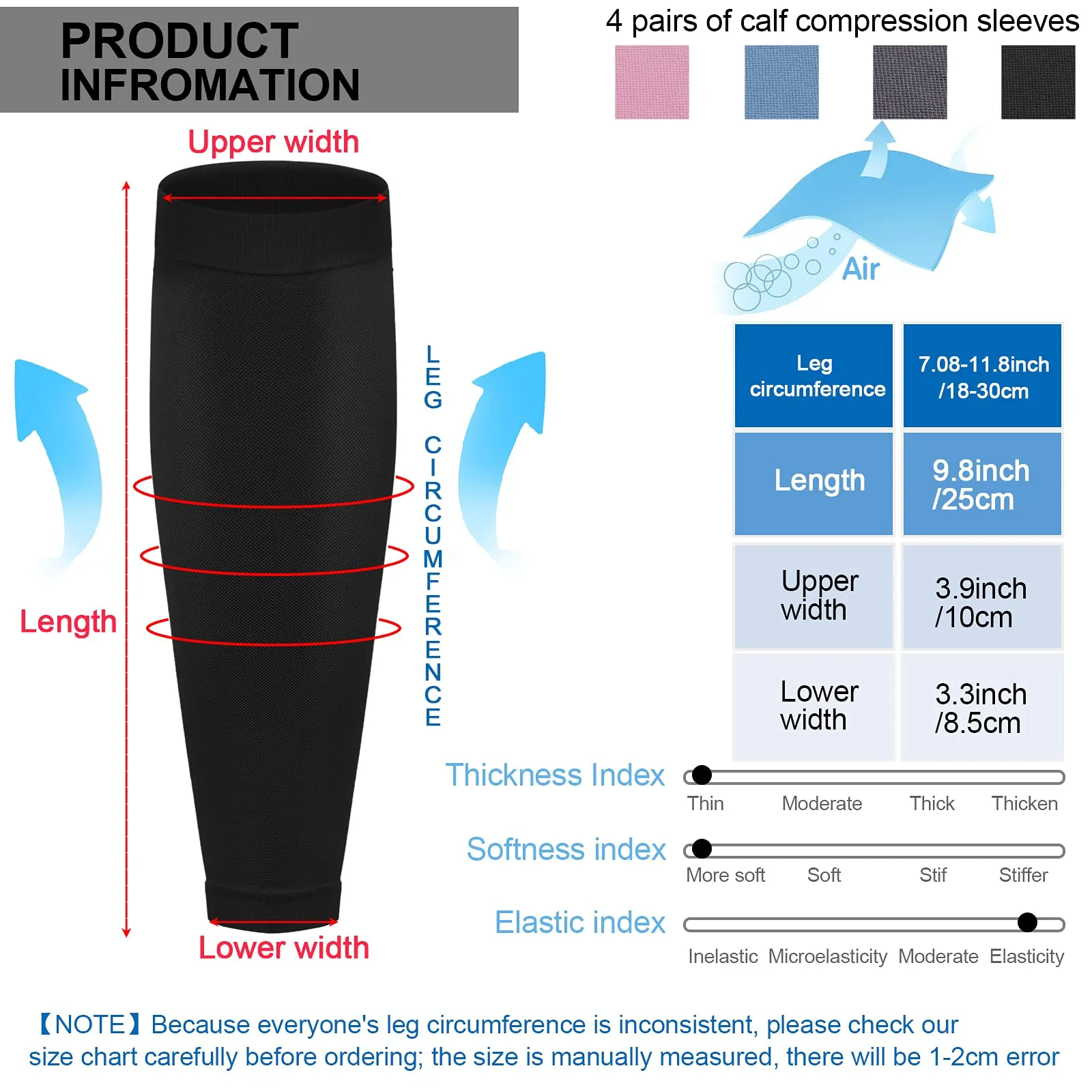 4 Pairs Calf Compression Sleeves Leg Compression Socks Calf Support Sleeves for Men and Women Running Cycling Climbing, Black, Gray, Pink and Blue