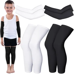 4 Pairs Kids Long Compression Leg Sleeves and Compression Arm Sleeves Youth Basketball Leg Sleeves Black and White Large