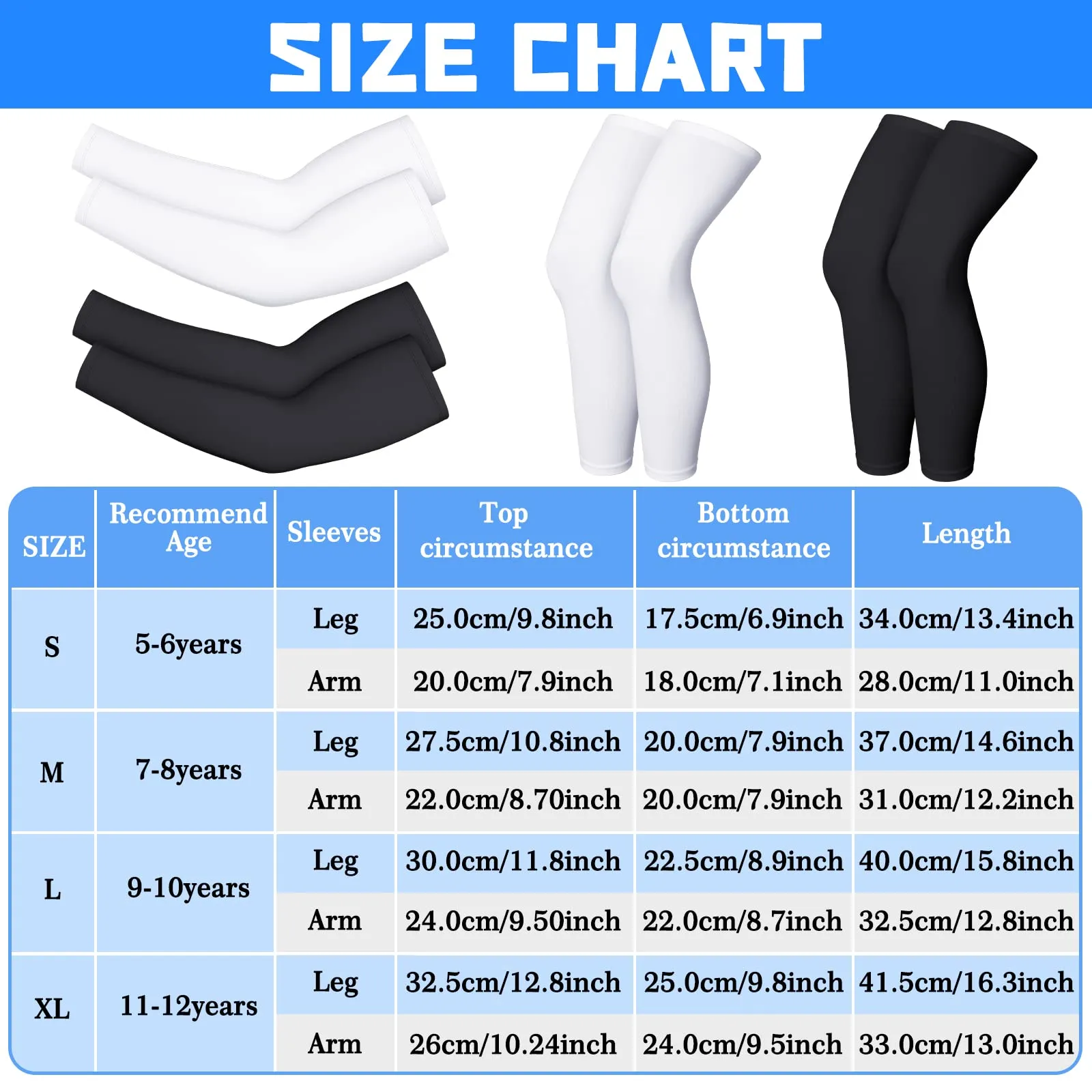 4 Pairs Kids Long Compression Leg Sleeves and Compression Arm Sleeves Youth Basketball Leg Sleeves Black and White Large