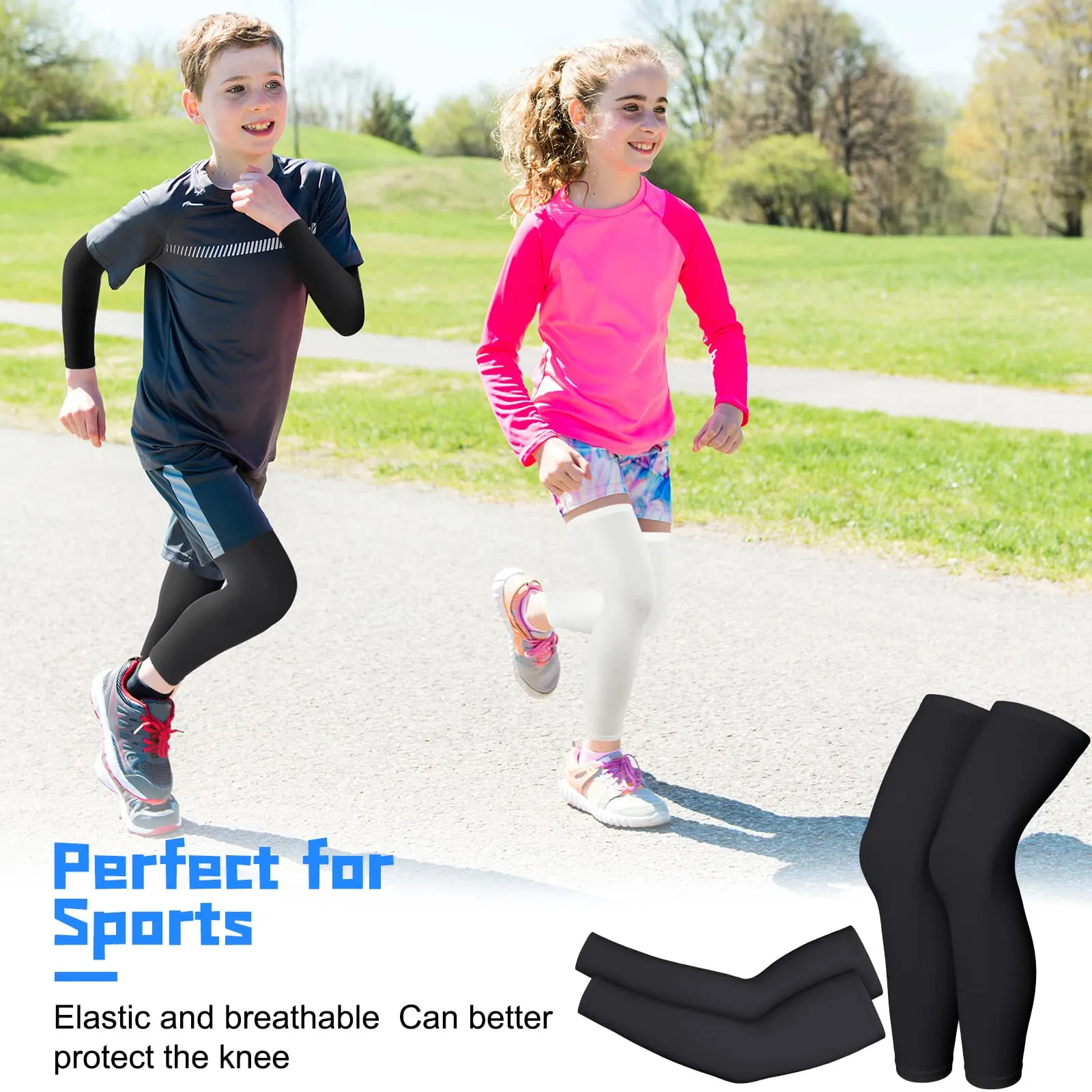 4 Pairs Kids Long Compression Leg Sleeves and Compression Arm Sleeves Youth Basketball Leg Sleeves Black and White Large