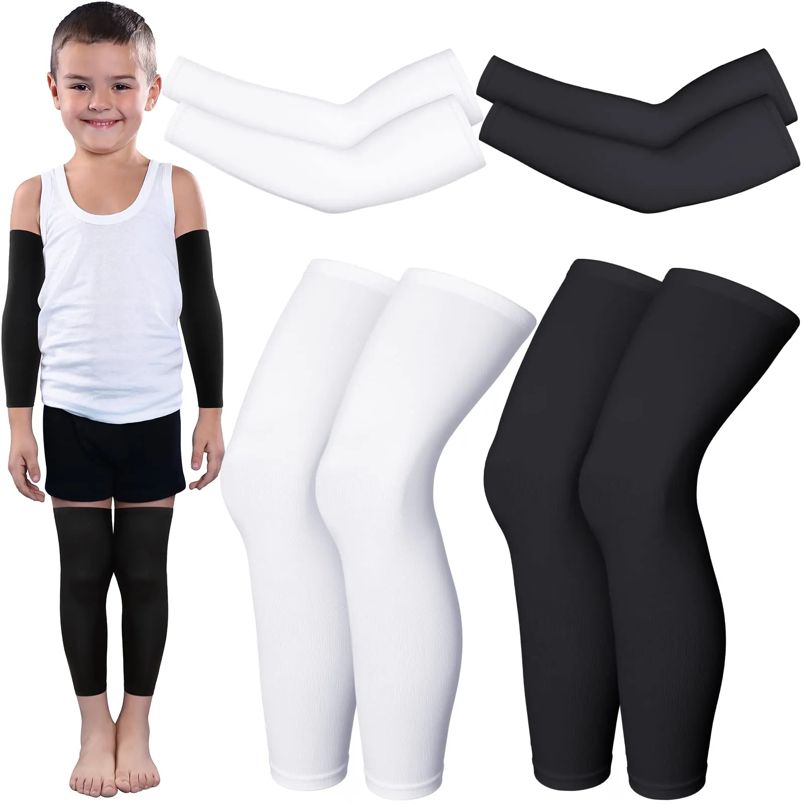 4 Pairs Kids Long Compression Leg Sleeves and Compression Arm Sleeves Youth Basketball Leg Sleeves Black and White Large