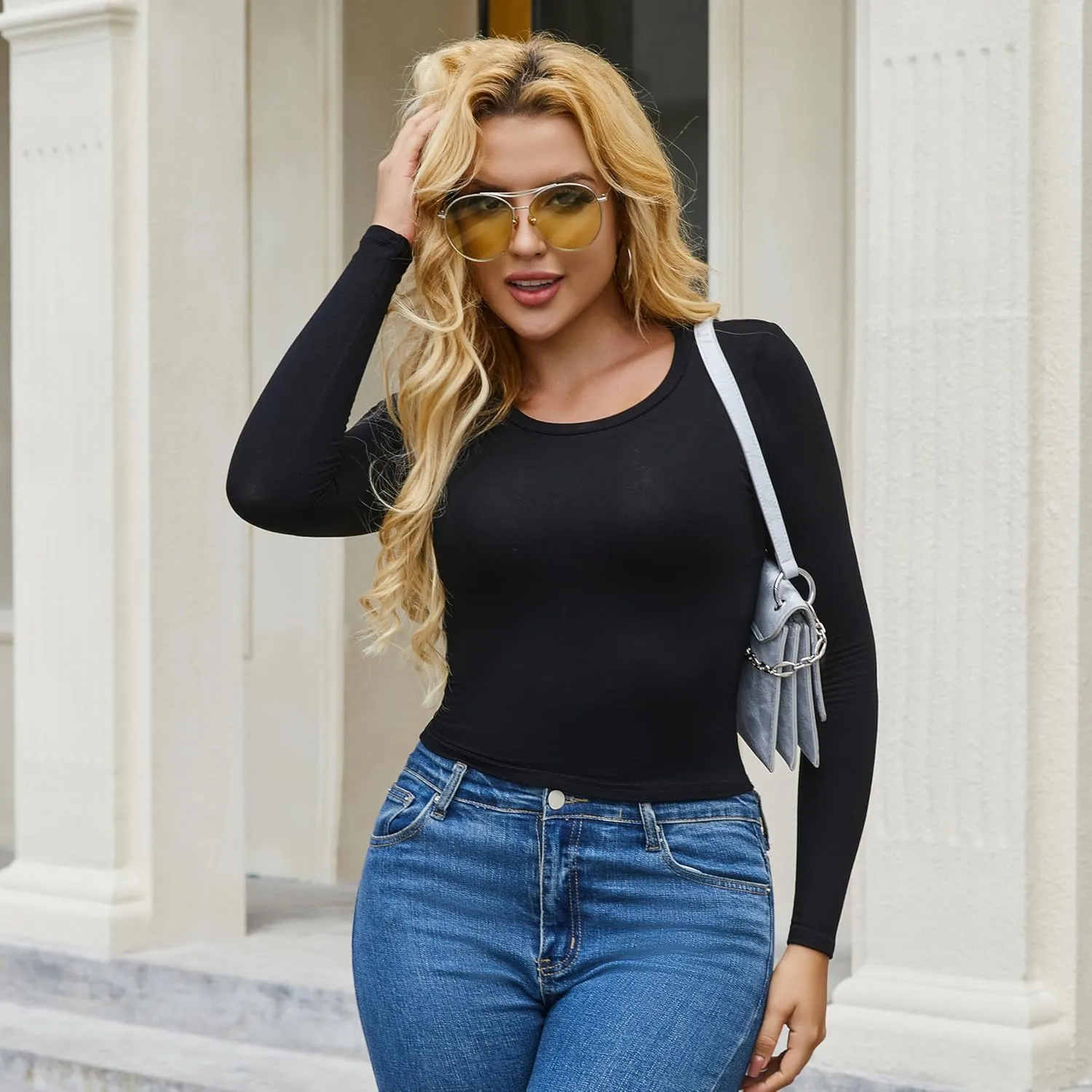 5 Piece Women's Activewear T-Shirts Long Sleeve Crop Tops Crew Neck Stretch Fitted Workout Clothing