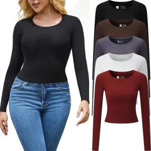 5 Piece Women's Activewear T-Shirts Long Sleeve Crop Tops Crew Neck Stretch Fitted Workout Clothing