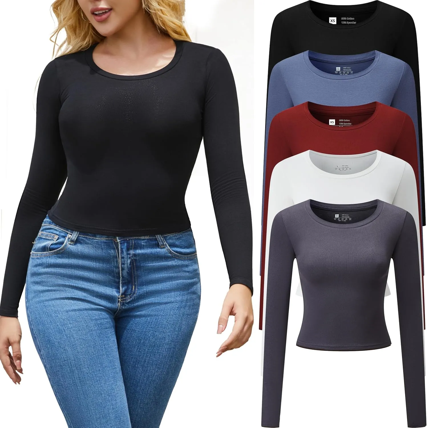 5 Piece Women's Activewear T-Shirts Long Sleeve Crop Tops Crew Neck Stretch Fitted Workout Clothing