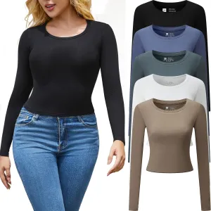 5 Piece Women's Activewear T-Shirts Long Sleeve Crop Tops Crew Neck Stretch Fitted Workout Clothing