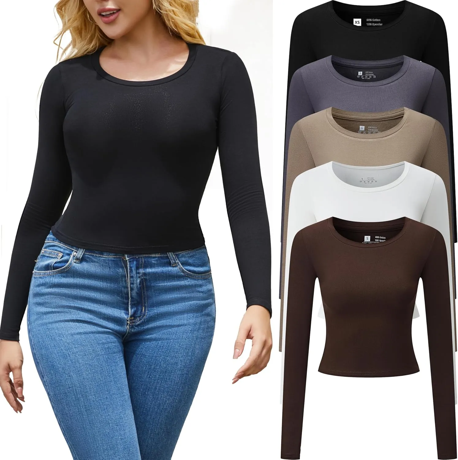 5 Piece Women's Activewear T-Shirts Long Sleeve Crop Tops Crew Neck Stretch Fitted Workout Clothing