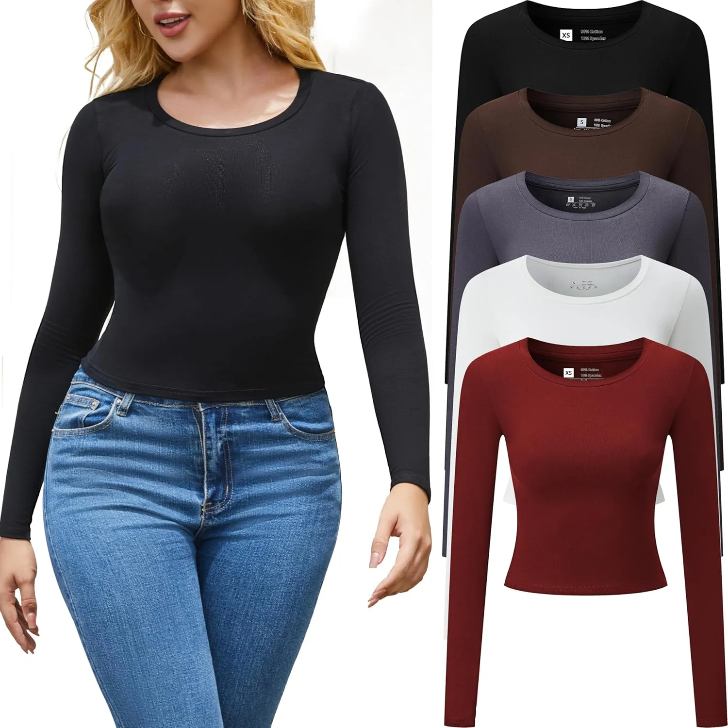 5 Piece Women's Activewear T-Shirts Long Sleeve Crop Tops Crew Neck Stretch Fitted Workout Clothing