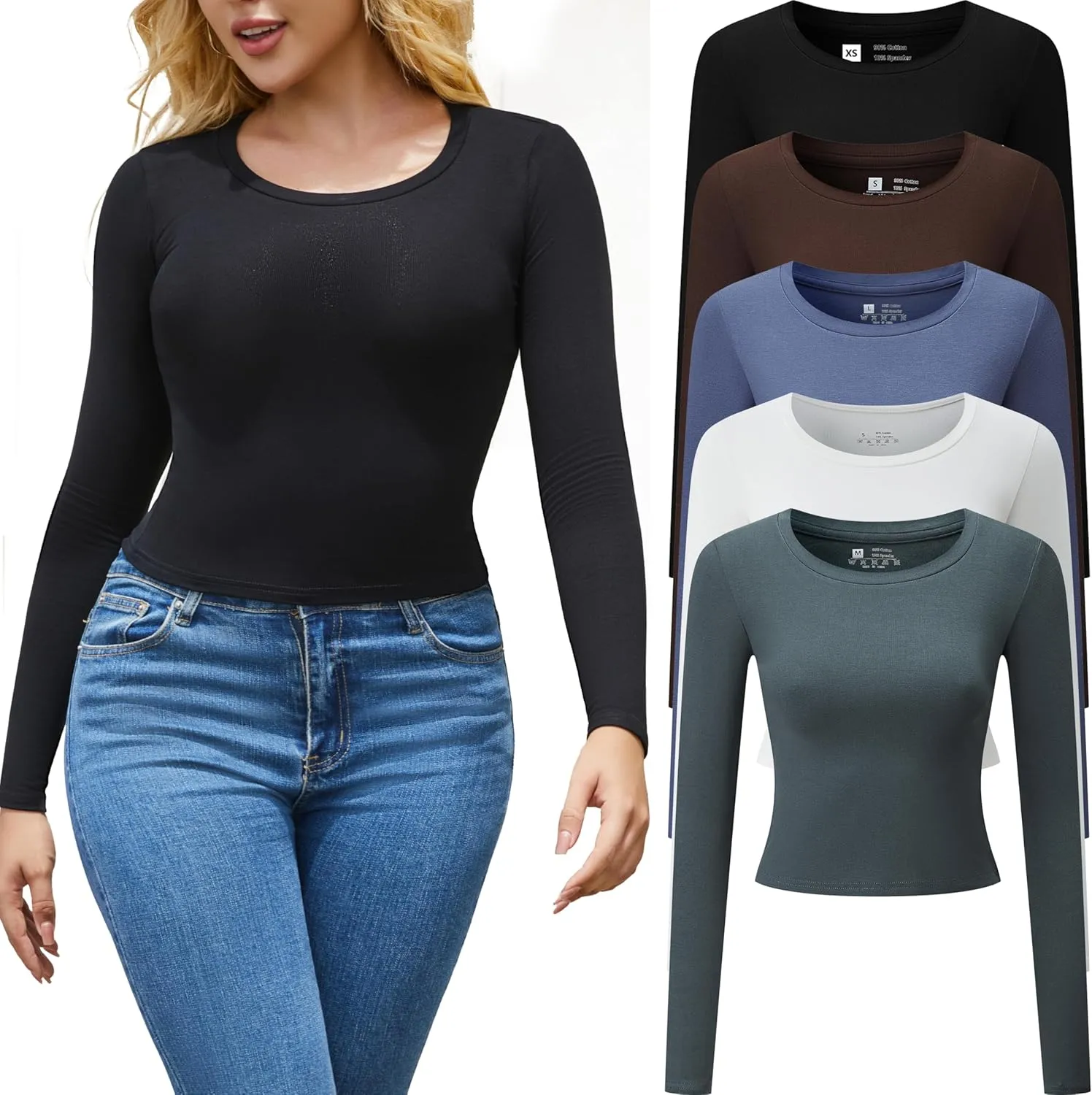 5 Piece Women's Activewear T-Shirts Long Sleeve Crop Tops Crew Neck Stretch Fitted Workout Clothing
