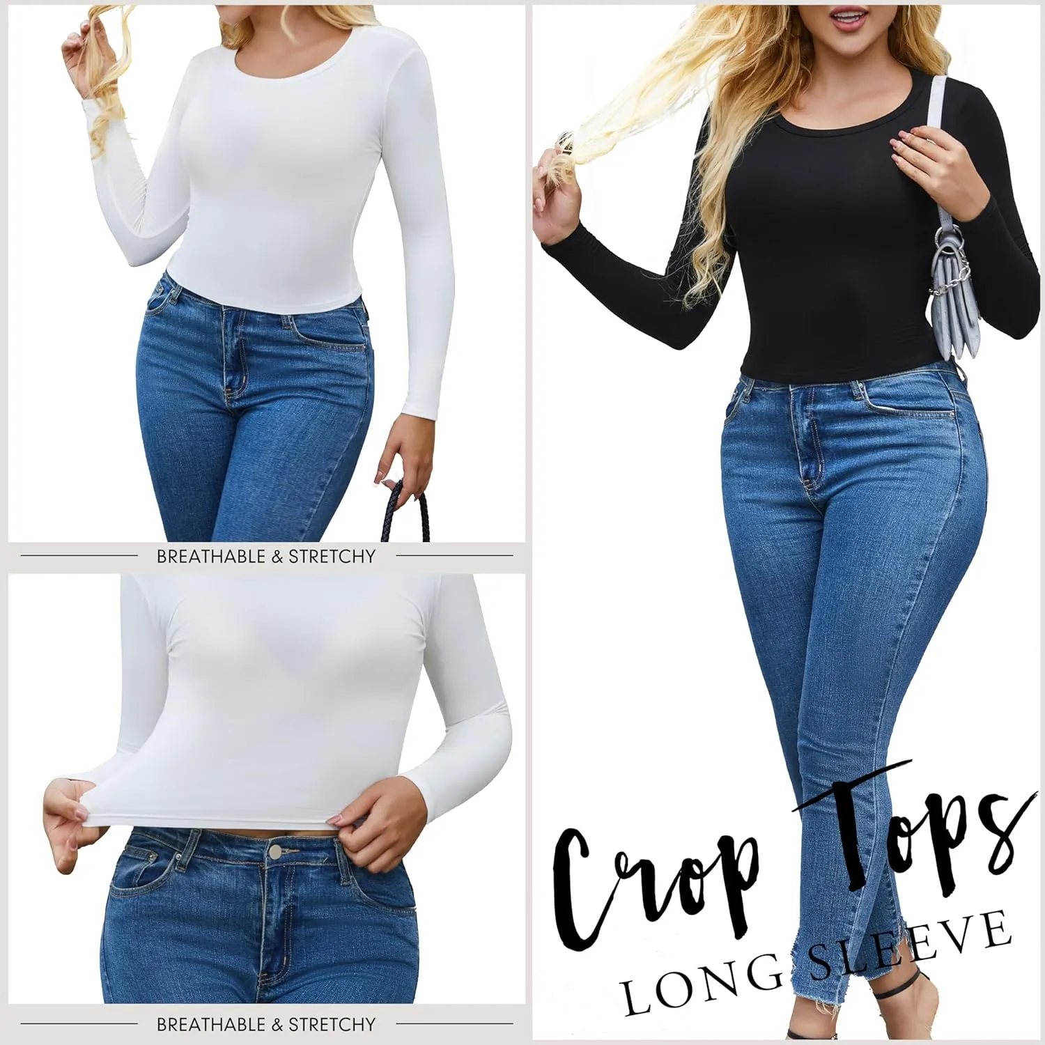 5 Piece Women's Activewear T-Shirts Long Sleeve Crop Tops Crew Neck Stretch Fitted Workout Clothing