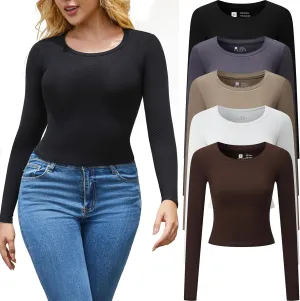 5 Piece Women's Activewear T-Shirts Long Sleeve Crop Tops Crew Neck Stretch Fitted Workout Clothing