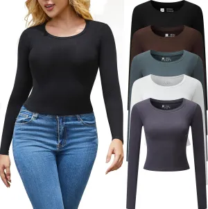 5 Piece Women's Activewear T-Shirts Long Sleeve Crop Tops Crew Neck Stretch Fitted Workout Clothing