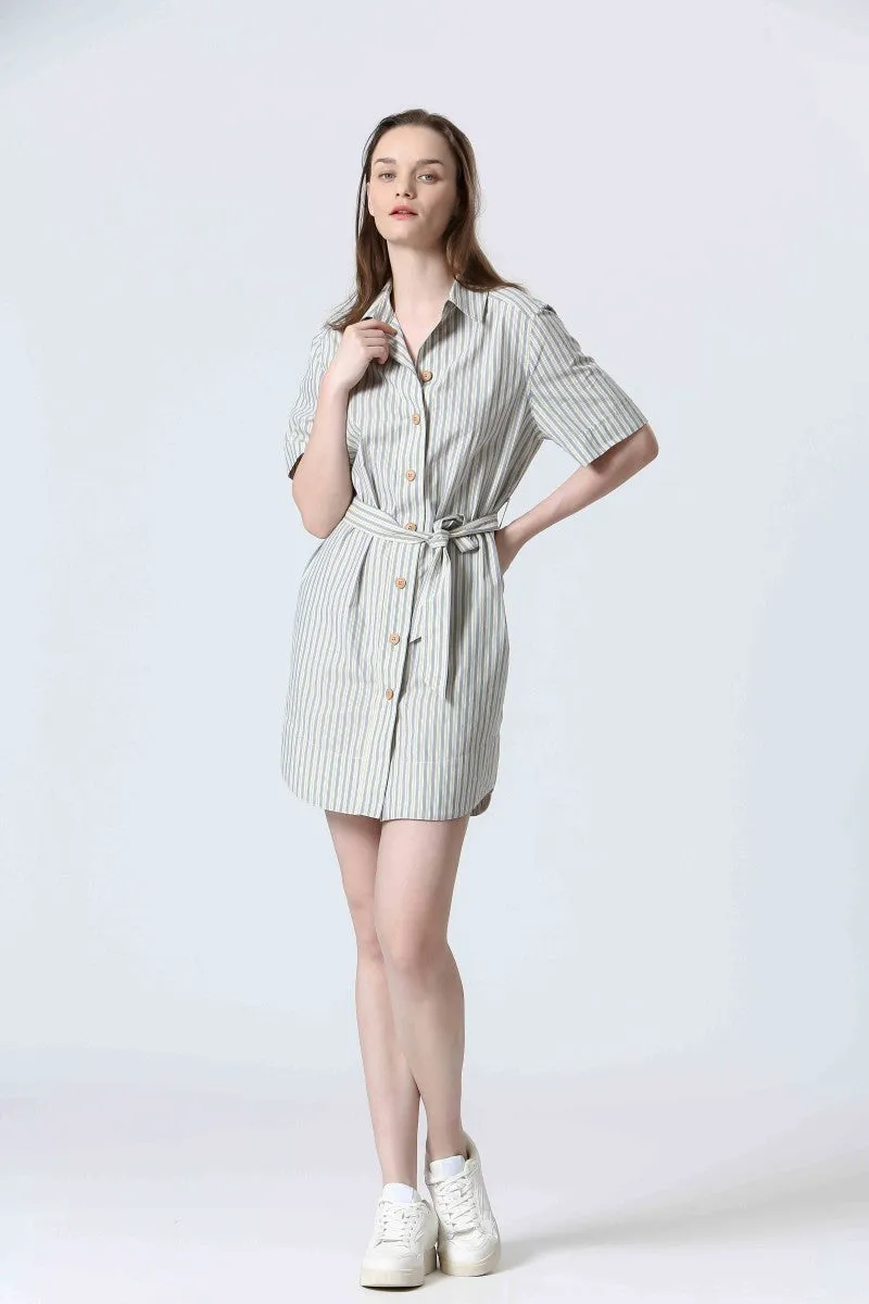 STRIPED BUTTON FRONT DRESS Lounge Vibe Pleated-Texture
