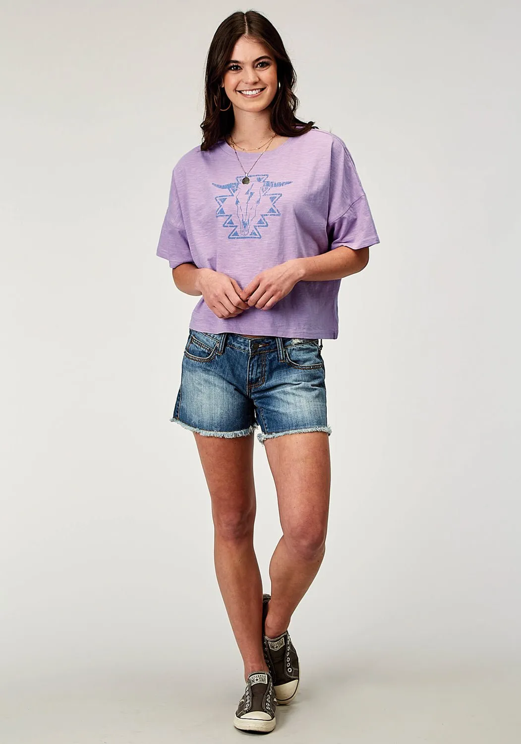 Roper Womens Southwest Longhorn Lilac 100% Cotton S/S T-Shirt Compact Packing Smart Casual