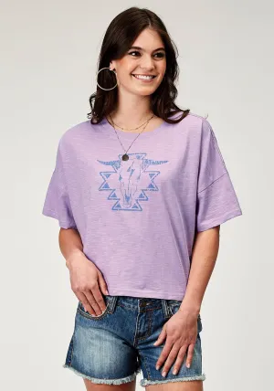 Abrasion resistant Roper Womens Southwest Longhorn Lilac 100% Cotton S/S T-Shirt Youth fashion Roper Womens Southwest Longhorn Lilac 100% Cotton S/S T-Shirt