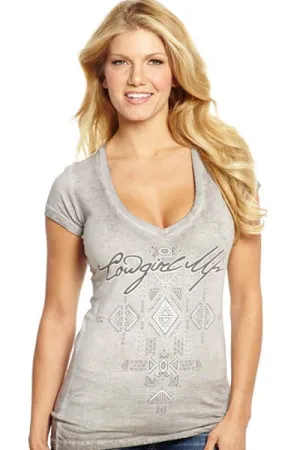 Abstract art Cowgirl Up Womens Gray Cotton S/S T-Shirt Washed Tribal gender-neutral Textured Finish Cowgirl Up Womens Gray Cotton S/S T-Shirt Washed Tribal