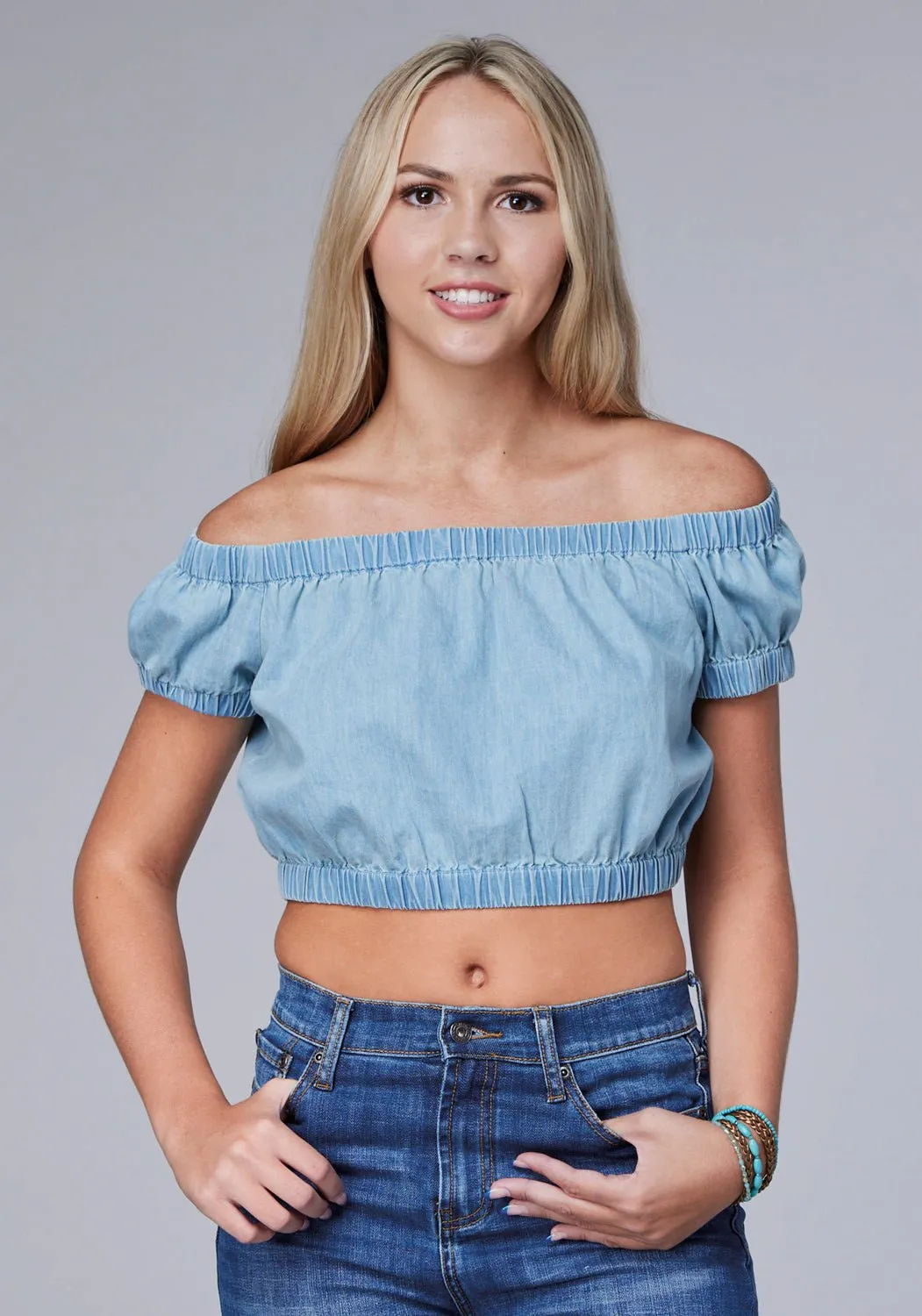 Roper Womens Off Shoulder Crop Top Light Blue 100% Cotton S/S Tunic Wrinkle Resistant Finish